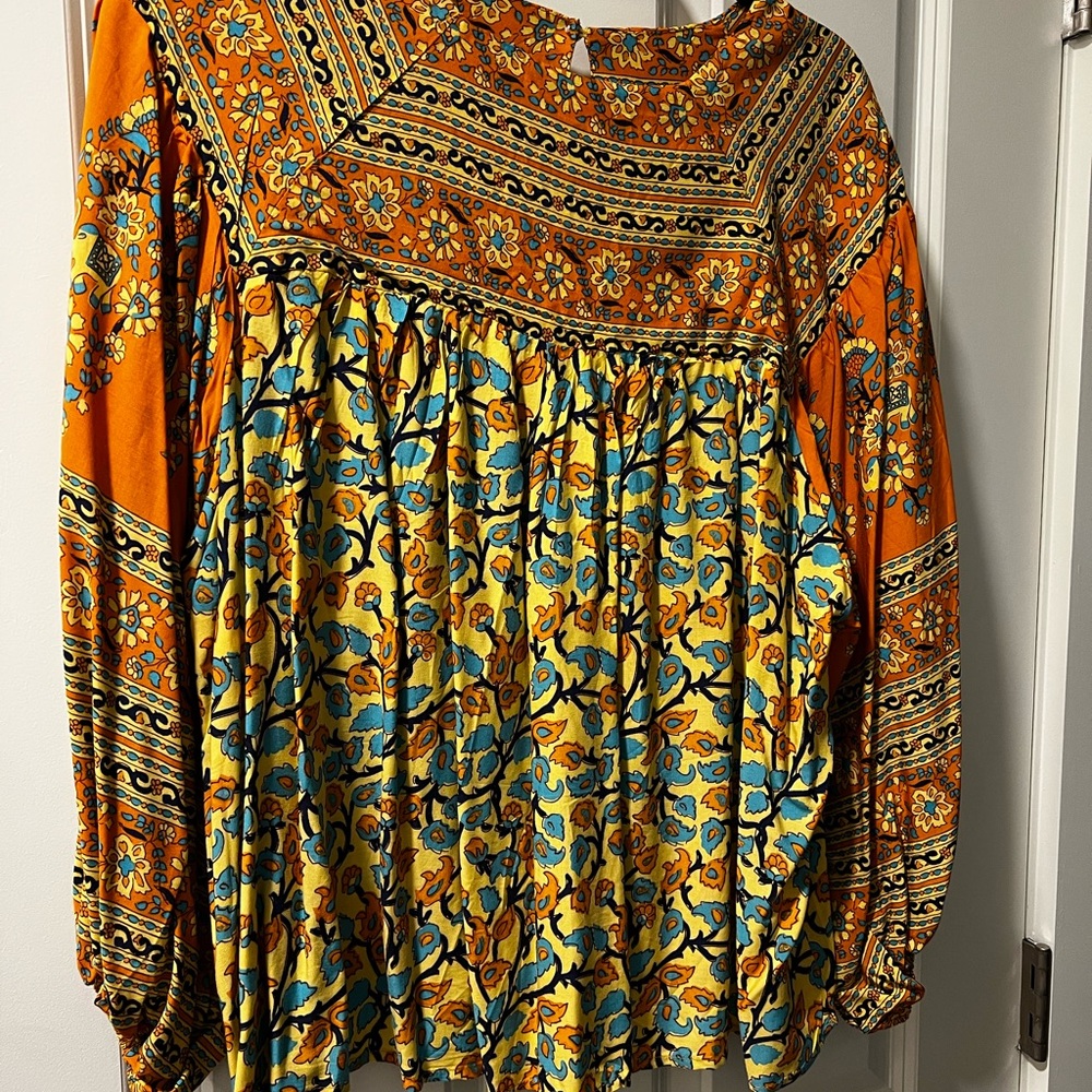 Bohemian Floral Blouse - Orange and Blue NWOT - Picture 2 of 7